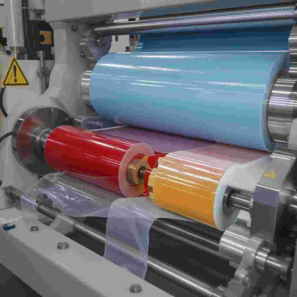 Nahaufnahme Polymerfolien-Extrusion: Düse, Schlitzdüse, Film über Kühlrollen.