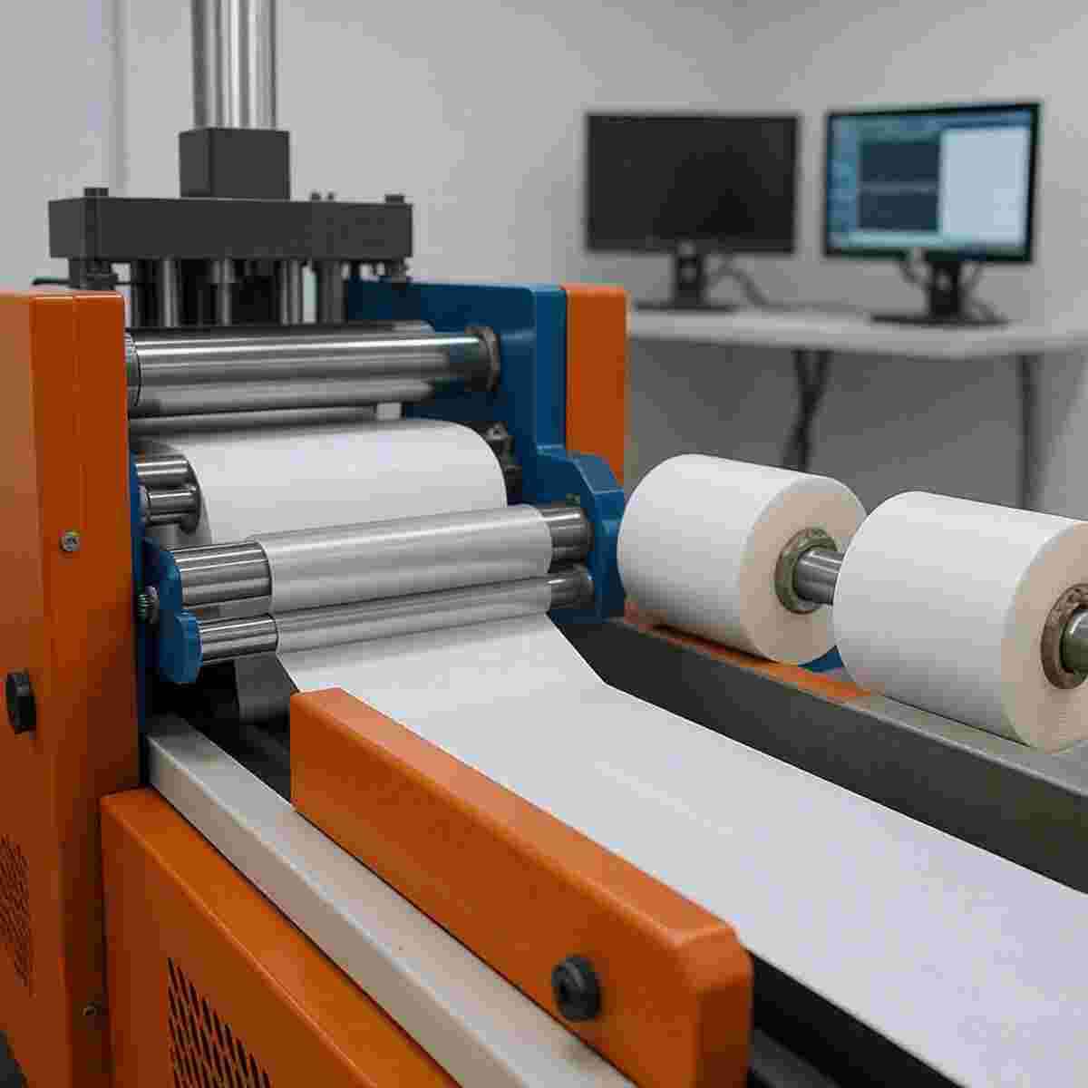 Extrusionslinie für Kunststofffolie; dünner Film läuft über Rollen, Monitore im Hintergrund.