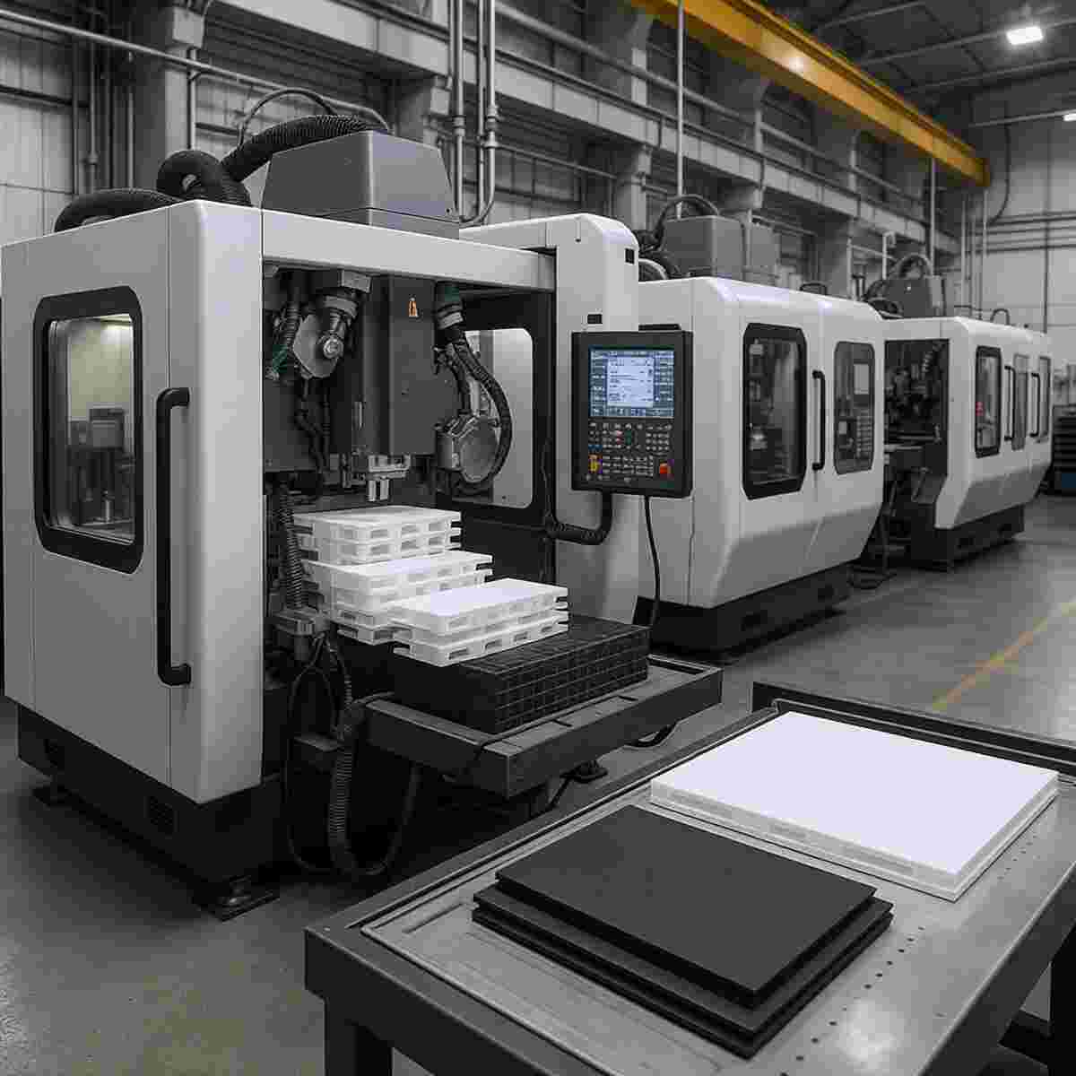 Moderne Maschinen im Industrieextrusionsprozess fertigen witterungsfeste Kunststoffprofile, Röhren und Platten.