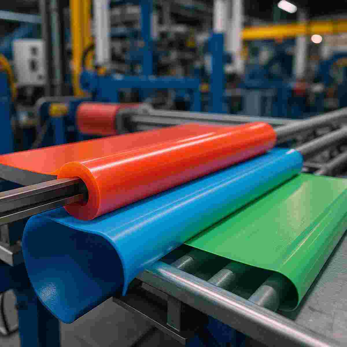 Hightech-Koextrusion: farbige, schmelzende Kunststoffschichten in moderner Industrieproduktion.