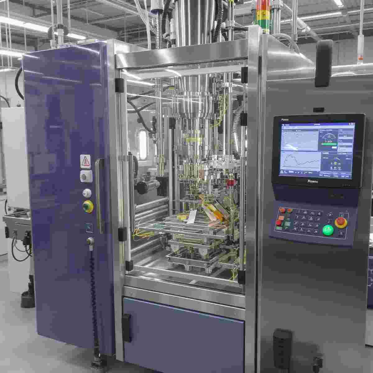 Extrusionsanlage mit digitalen Sensoranzeigen, Echtzeitdaten und Qualitätskontrolle.