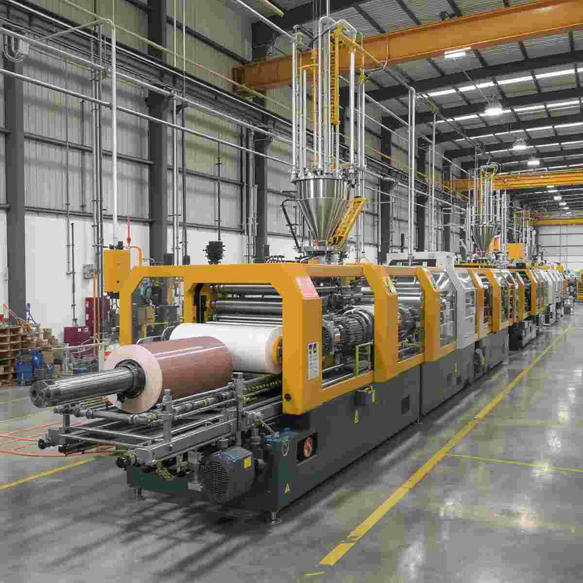 Kunststofffolien-Extrusionsanlage mit Zylinder und Schnecke, Heizung, Kühlung, Schneide-/Wickelstationen.