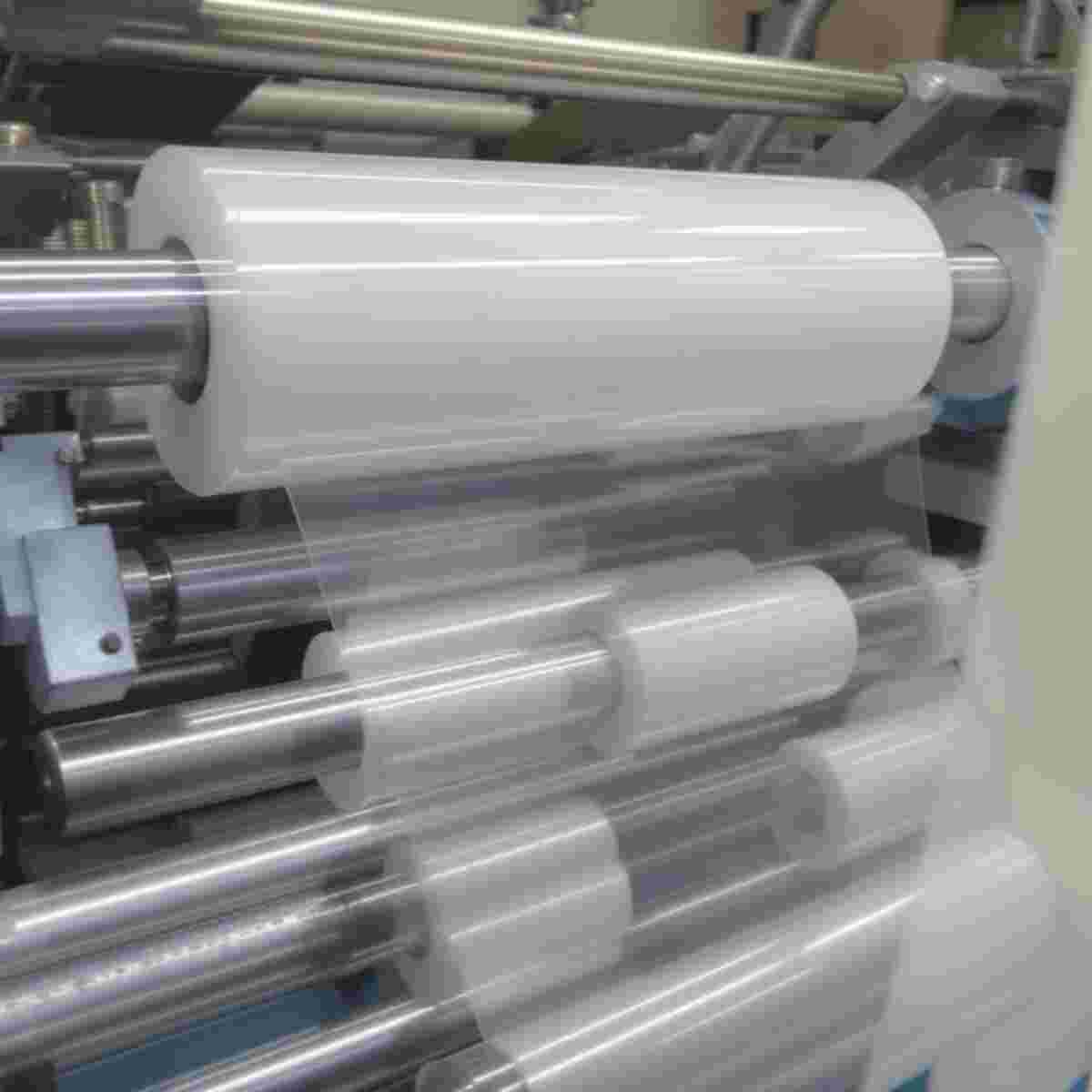 Flachfilm-Extrusion: dünner, glänzender Polymerfilm auf Kühlwalze, gleichmäßige Dicke.