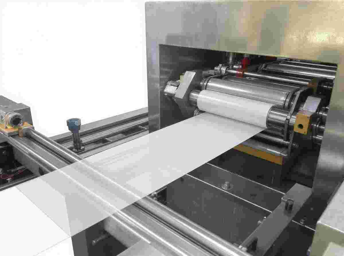 Extrusionsanlage aus Metall/Kunststoff mit Trichter, Zylinder in Düse, dünner Flachfilm.