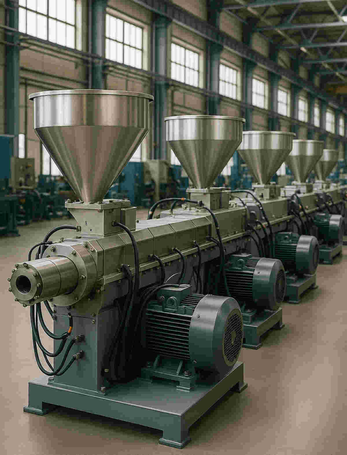 Das Bild zeigt eine Reihe großer industrieller Extruder in einer hellen, modernen Produktionshalle im Hochformat. Die Maschinen bestehen aus einem Edelstahltrichter, einem langen Extrusionszylinder und einem leistungsstarken Elektromotor. 