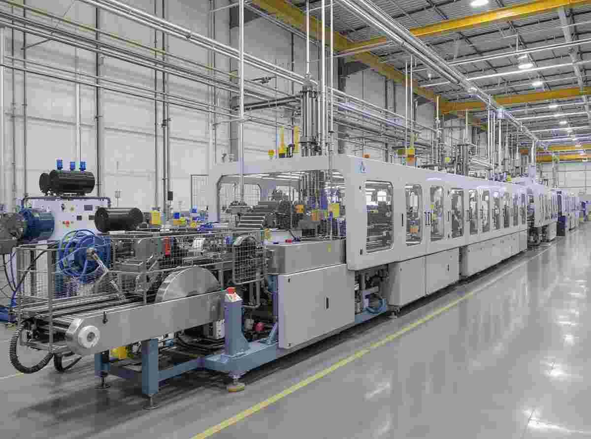 Moderne Blasfolien-Extrusionslinie in Kunststofffabrik mit Ringdüse, Kühlzonen und Aufwickler.