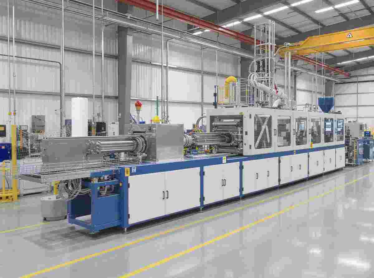 Moderne Kunststofffolien-Extrusionsanlage mit Extruder, Ringdüse und Blasfolie.