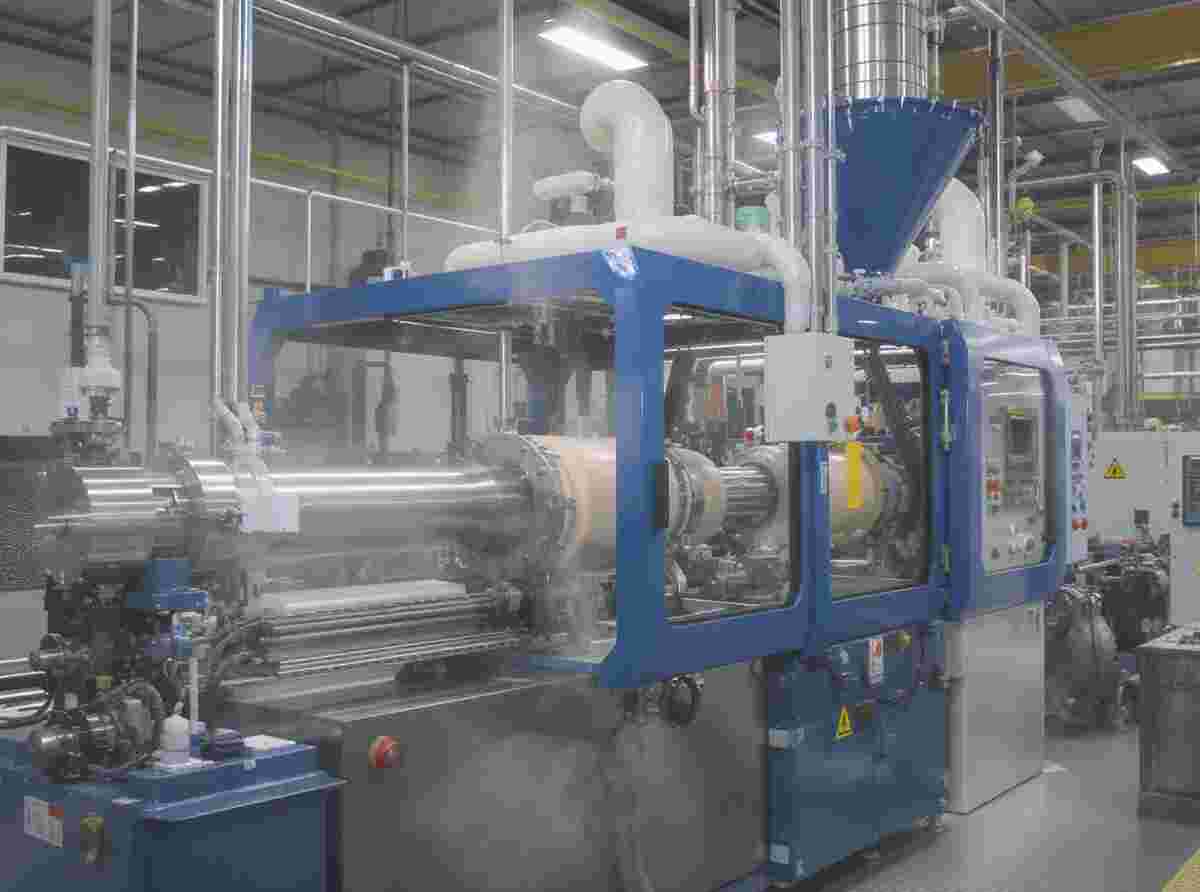 Moderne Extrusionsanlage im Betrieb mit geschmolzenen Polymeren und Steueranzeigen.