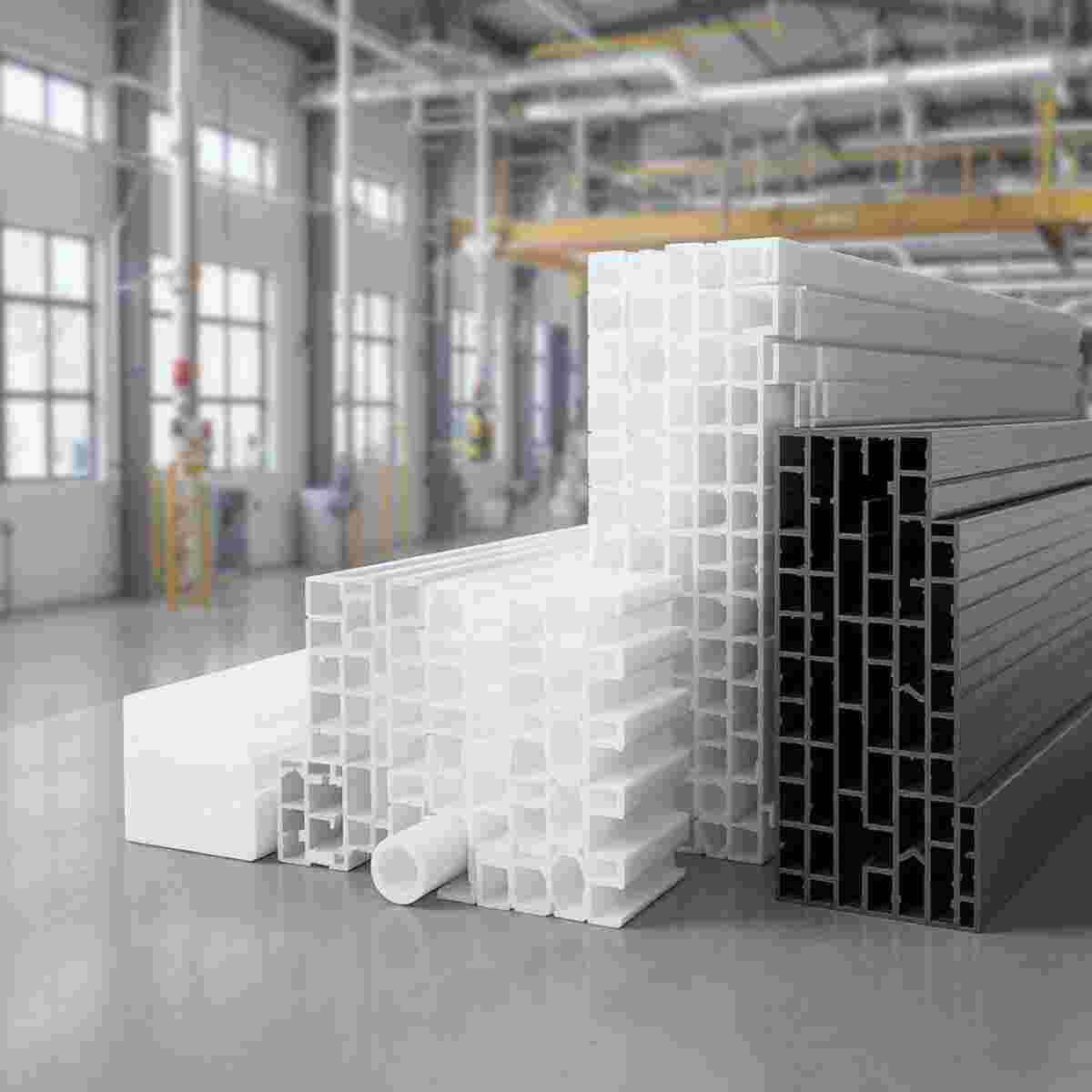 Extrudierte Kunststoffproben (PVC, PE, PP, PET) in modernem, minimalistischem Industrieambiente.