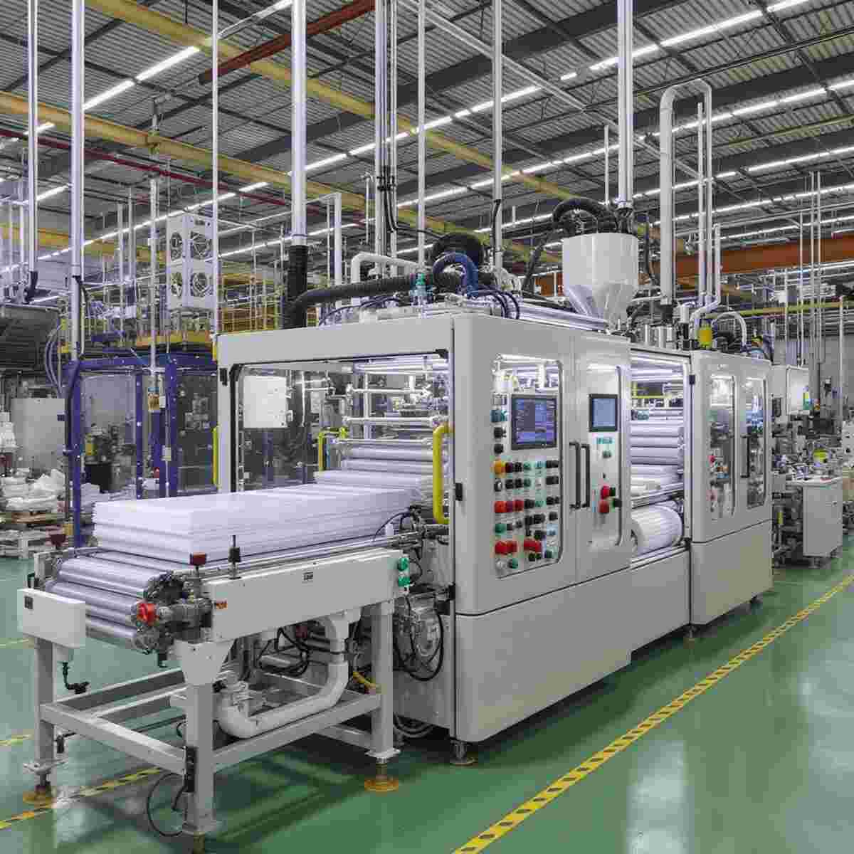 Moderne Plastfolien-Extrusionslinie in Fabrik mit PLC/HMI-Steuerung, Sensoren und Dashboards