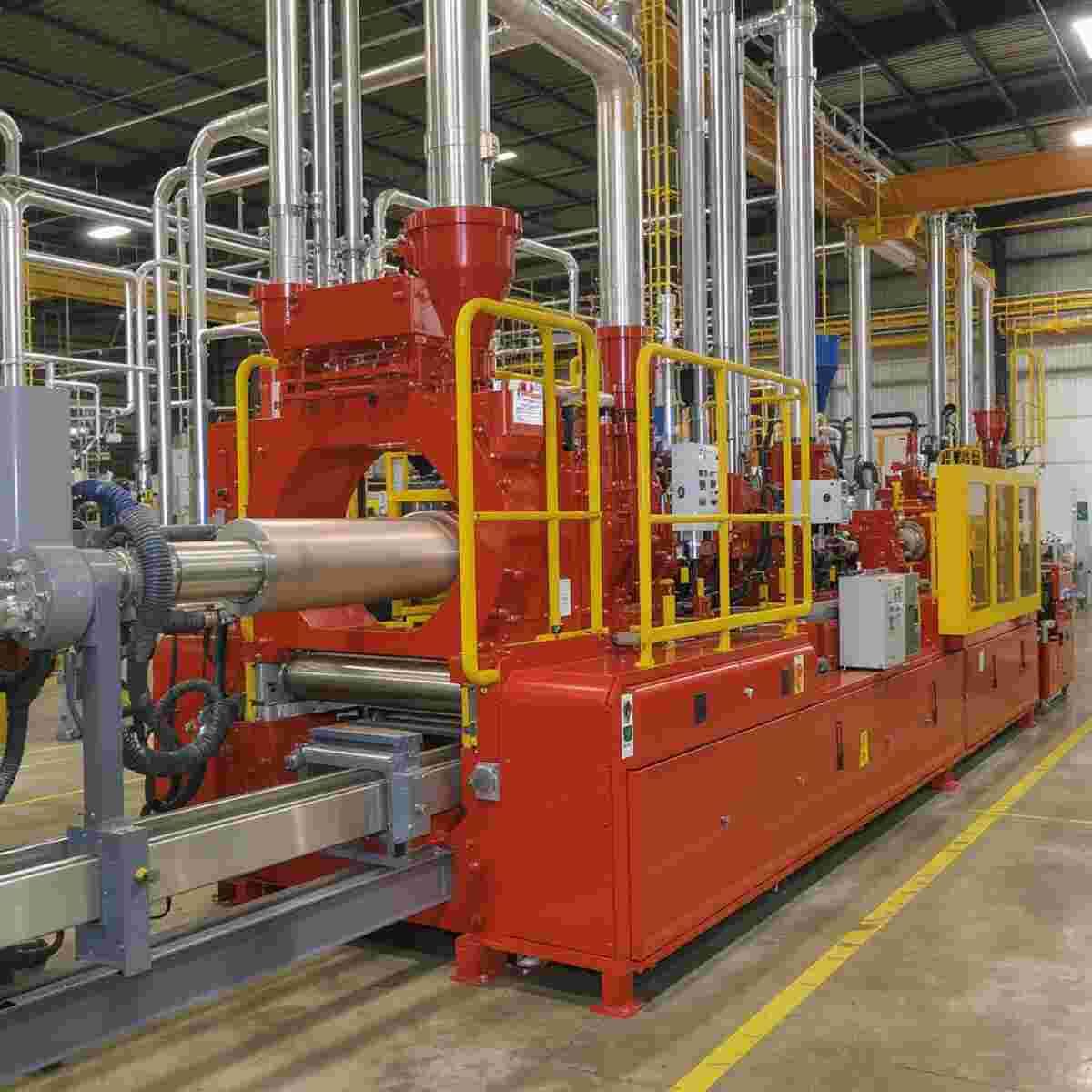 Industrielle Blasfolien-Extrusionsanlage: Ringdüse formt Folie, aufgeblasen, auf Rolle gewickelt